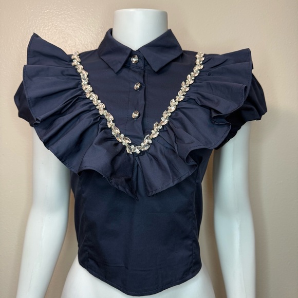 Tops - Navy blue short sleeve rhinestone details ruffled crop top